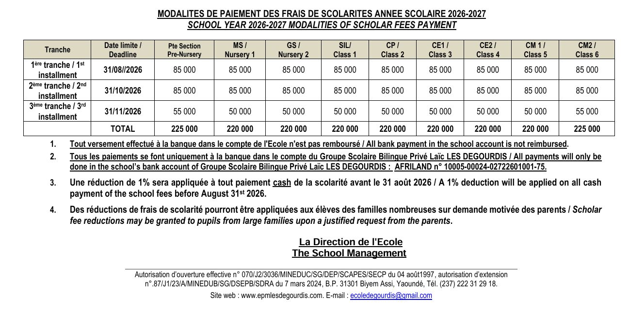 Modalité 2026-2027 Grille des tranches pour la scolarité